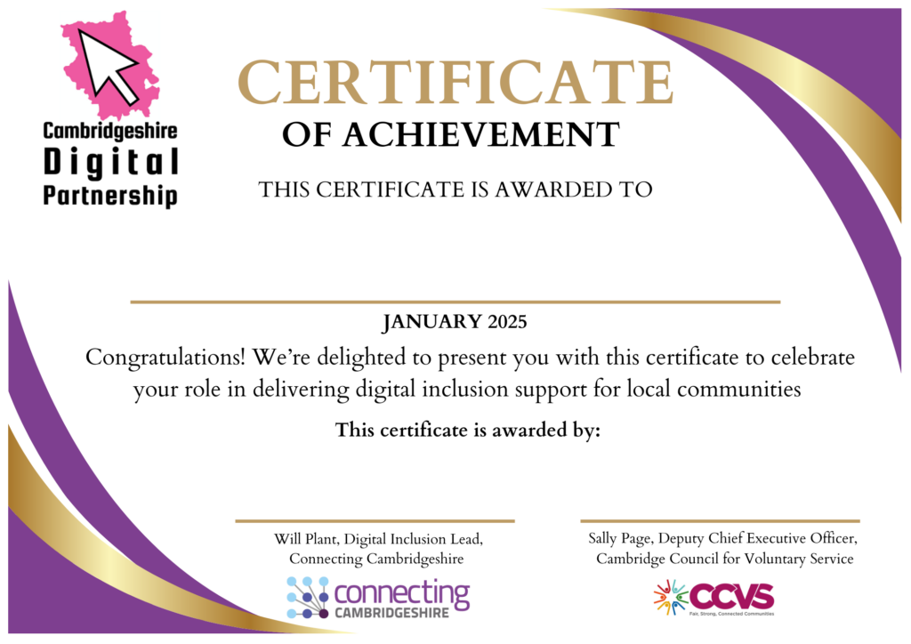 An image of a certificate of achievement for the digital superstar. It has three logos: CDP, Connecting Cambridgeshire and CCVS.