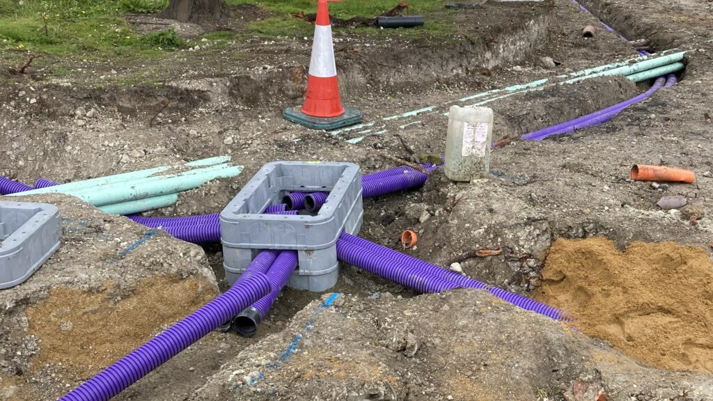 Photo shows fibre ducting installed in Robin Hood Junction, as part of the Dig Once policy