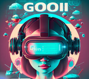 A drawing of a woman's head with an Augmented Reality headset on and the GOOII logo at the top.